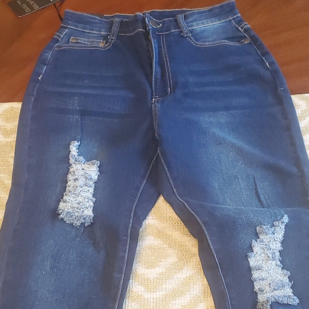 High rise distressed denim